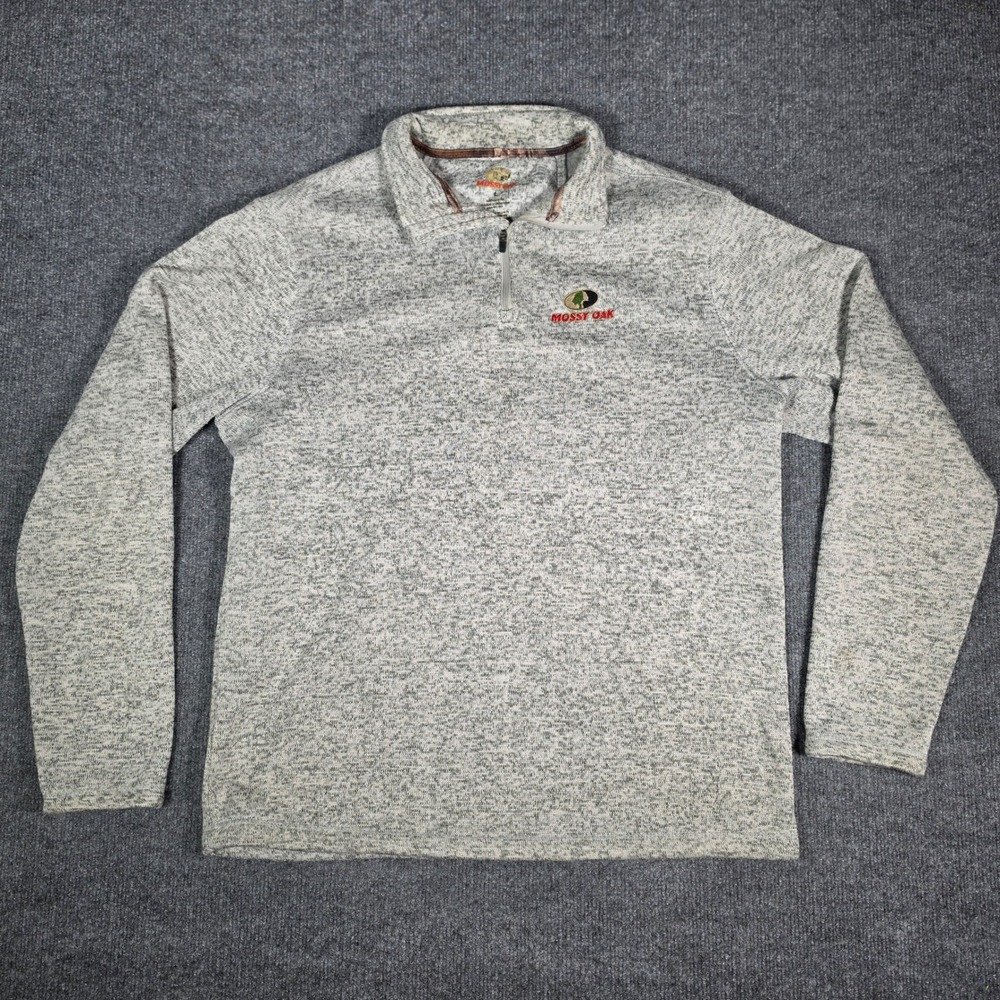 Mossy Oak Mens Grey Marled Quarter Zip Pullover Sweater Size L Outdoor Logo